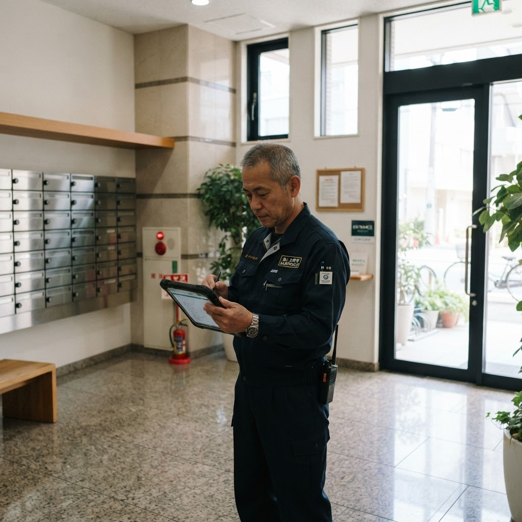 東京のマンションのエントランスを点検する管理スタッフ